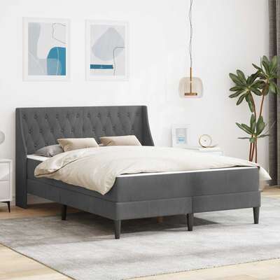 Small Dark Grey Velvet Bed Frame with Mattress Plywood Slatted Base