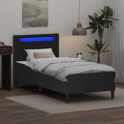 King Single LED Bed Frame Faux Leather Black | EXTG