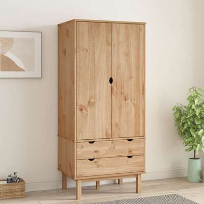 Solid Pine Wood Wardrobe Cabinet Freestanding Clothes Storage with Hanging Rail
