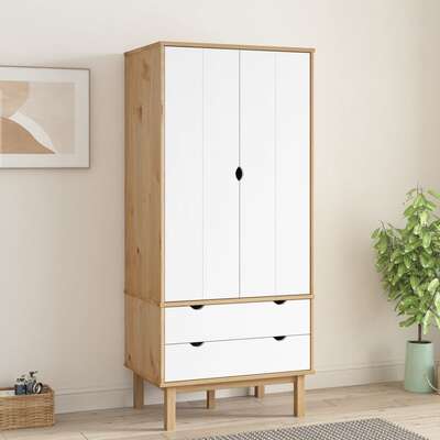 Solid Pine Wood Wardrobe Cabinet Freestanding Clothes Storage with Hanging Rail