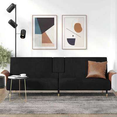 Nocturnal Luxe Retreat: Black Velvet Sofa Bed with Integrated Cup Holders