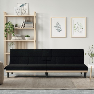 Midnight Comfort Oasis: Black Fabric Sofa Bed with Integrated Cup Holders