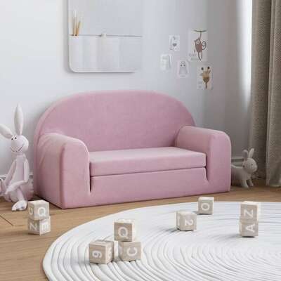 Kids Sofa Bed 2-Seater Pink Plush Foldable | EXTG