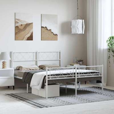 Modern Tranquility: White Metal Bed Frame with Headboard Queen Size