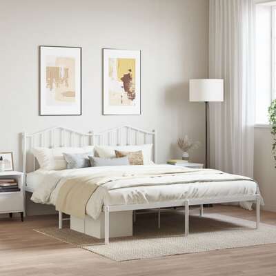 Metal Bed Frame with Headboard White King Size