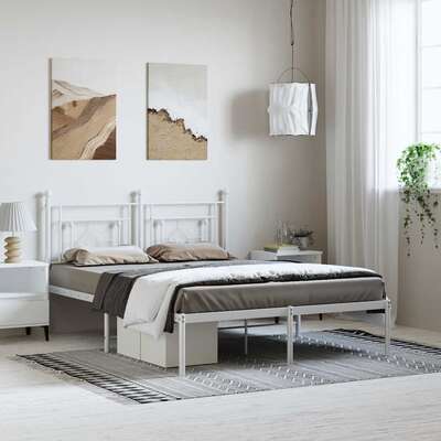 White Metal Bed Frame with Stylish Headboard Queen Size