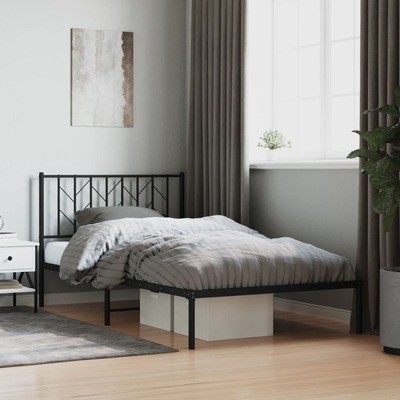 Black Elegance: Metal Bed Frame with Sleek Headboard Design King Single