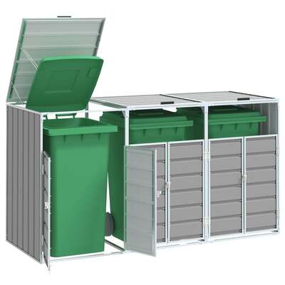 Wheelie Bin Storage for Triple Bins Rubbish Trash Can Shed Grey Steel