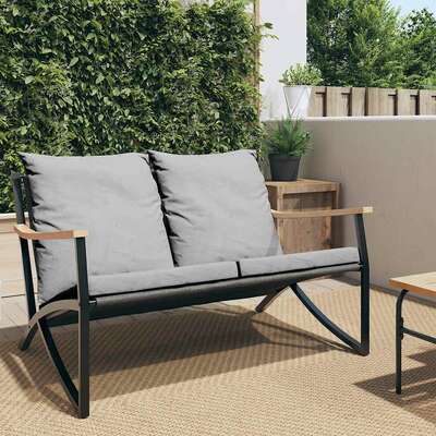 Stylish 120 cm Black Steel Garden Bench with Plush Cushions  Perfect Outdoor