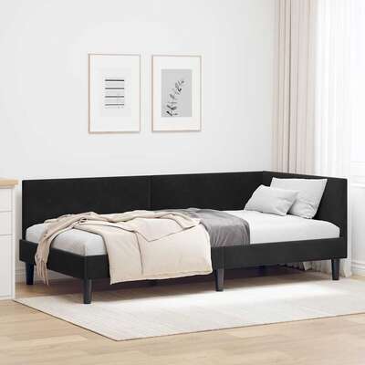Elegant Corner Bed Frame Black Velvet and Engineered wood