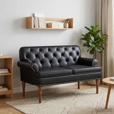 Button Tufted Loveseat Faux Leather Black | EXTG