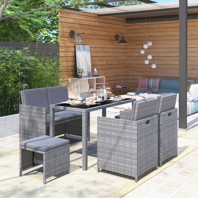 6 Piece Outdoor Dining Set with Cushions Poly Rattan Grey