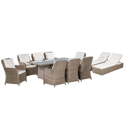 11 Piece Outdoor Dining Set with Sunloungers Poly Rattan Brown