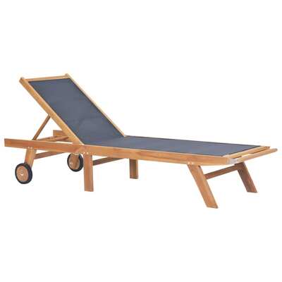 Folding Sun Lounger with Wheels Solid Teak and Textilene