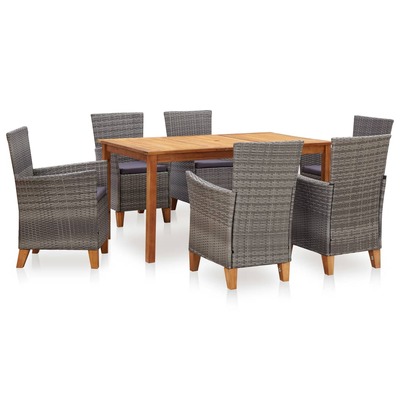 7 Piece Dining Set Poly Rattan and Solid Acacia Wood Grey