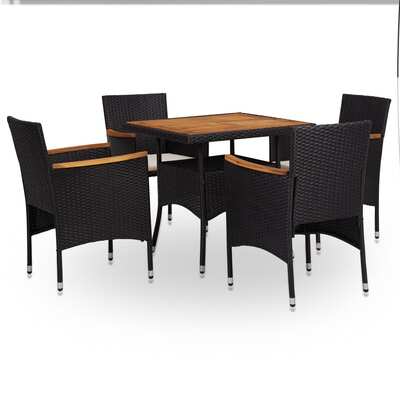 5 Piece Outdoor Dining Set Black Poly Rattan and Acacia Wood