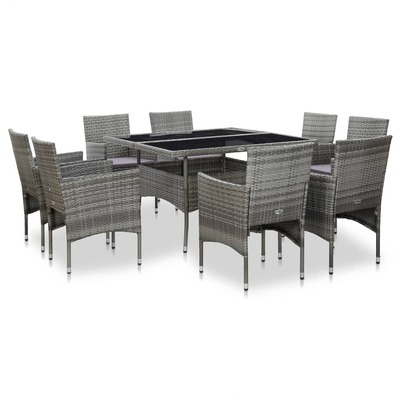 9 Piece Outdoor Dining Set Grey Poly Rattan and Glass