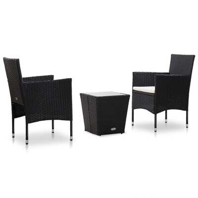 3 Piece Bistro Set Poly Rattan and Tempered Glass Black