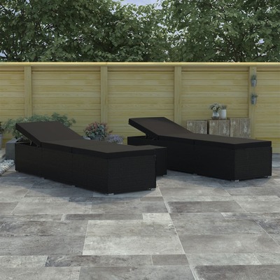 3 Piece Garden Sun Lounger Set Poly Rattan Black