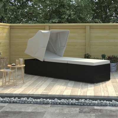 Sun Lounger with Canopy and Cushion Poly Rattan Cream White