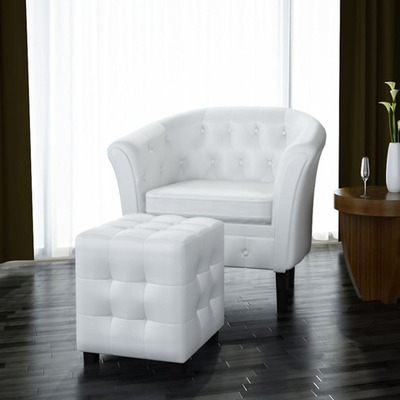 Tub Chair with Footstool White Leather