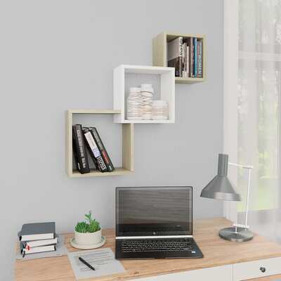Cube Wall Shelves White and Sonoma Oak Chipboard