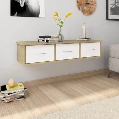 Wall-mounted Drawer Shelf White and Sonoma Oak  Chipboard