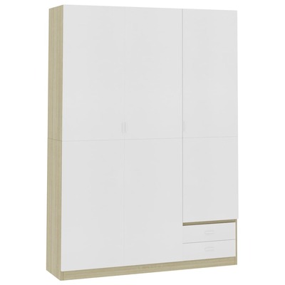 3-Door Wardrobe White and Sonoma Oak  Chipboard