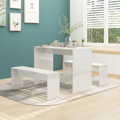 3 Piece Kitchen Dining Set High Gloss White Chipboard