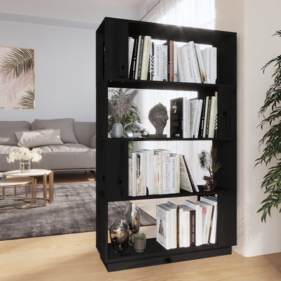 Bookcases/Room Divider Black Solid Wood Pine