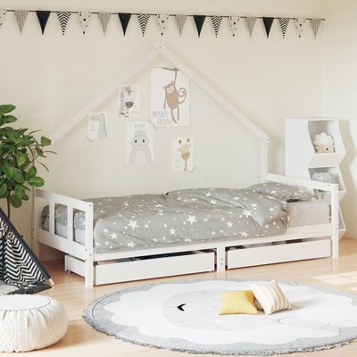 Kids Bed Frame with Drawers White Solid Wood Pine
