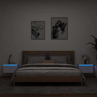 2 pcs Wall-mounted Bedside Cabinets with LED Lights White