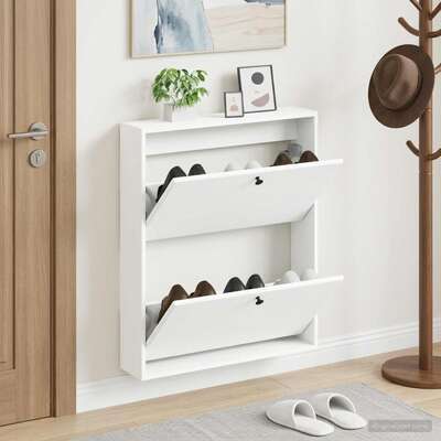 Shoe Cabinet White Engineered Wood 71x17x86cm