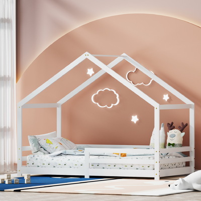 Wooden Kids Single House Bed Frame - White AMOS