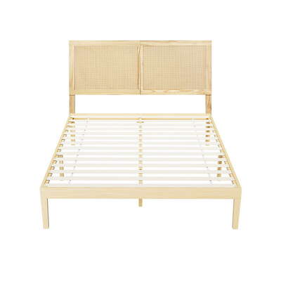Bed Frame Double Size With Rattan Headboard Wooden Bed Base Bruno
