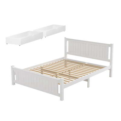 Bed Frame Double Size Wooden Platform With 2 Storage Drawers White