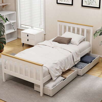 Bed Frame Single Size Wooden Platform With 2 Storage Drawers White