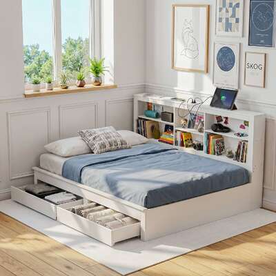 Double Bed Frame Storage Headboard Charging Station | EXTG
