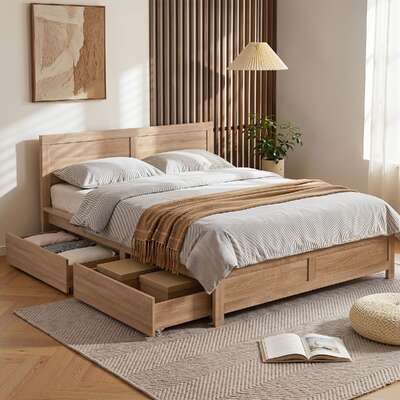 Double Bed Frame Storage Drawers Oak | EXTG