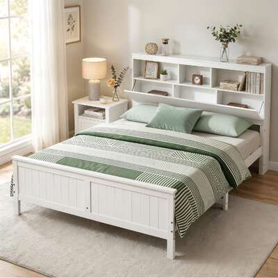 Queen Bed Frame Storage Headboard Pine White | EXTG