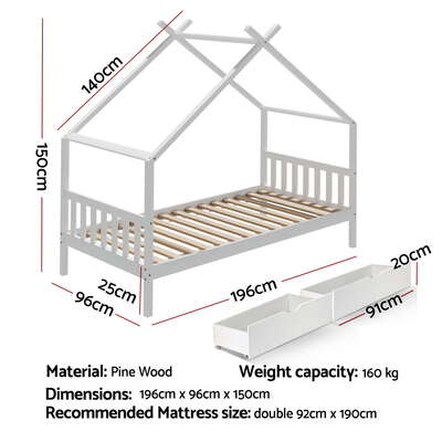  Bed Frame Wooden Base Kids Single Timber House  with 2 Storage Drawers Beds White