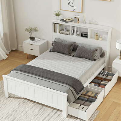 Bed Frame Double Size Wooden With 3 Shelves Bed Head White