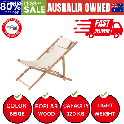 Outdoor Deck Chair Wooden Sun Lounge Folding Beach Patio Furniture Beige