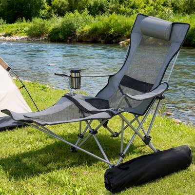 Camping chair adjustable reclining portable outdoor folding chair grey