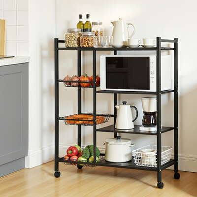4-Tier Kitchen Rack Microwave Bakers Storage Shelf with 3 Baskets Wheels