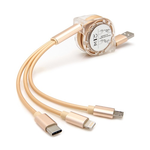 3 in 1 Retractable Fast Chargin Cable Micro USB Type C Adapter iPhone iOS (Gold)