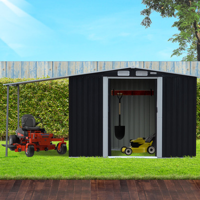 4x8ft Zinc Steel Garden Shed with Open Storage - Black