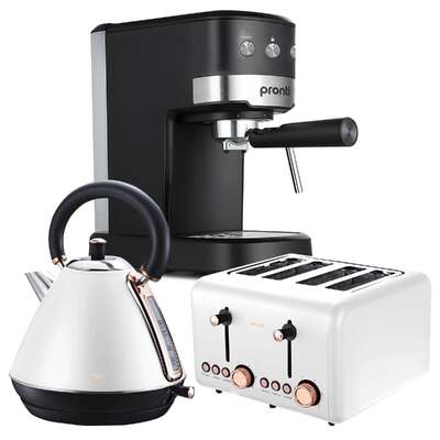 Breakfast Set White with Rose Gold Kettle, Toaster & 1.25L Espresso Machine