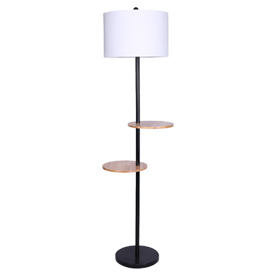 Metal Floor Lamp Shade with  Black Post in Round Wood Shelves