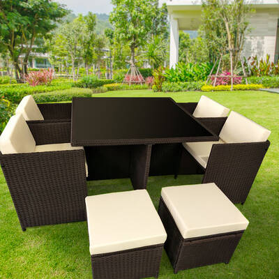9pc PE Rattan Cube Dining Garden Set - Brown